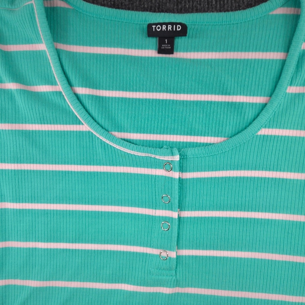Torrid Womens Teal White Striped Ribbed Henley Short Sleeve Top Size 1 Plus